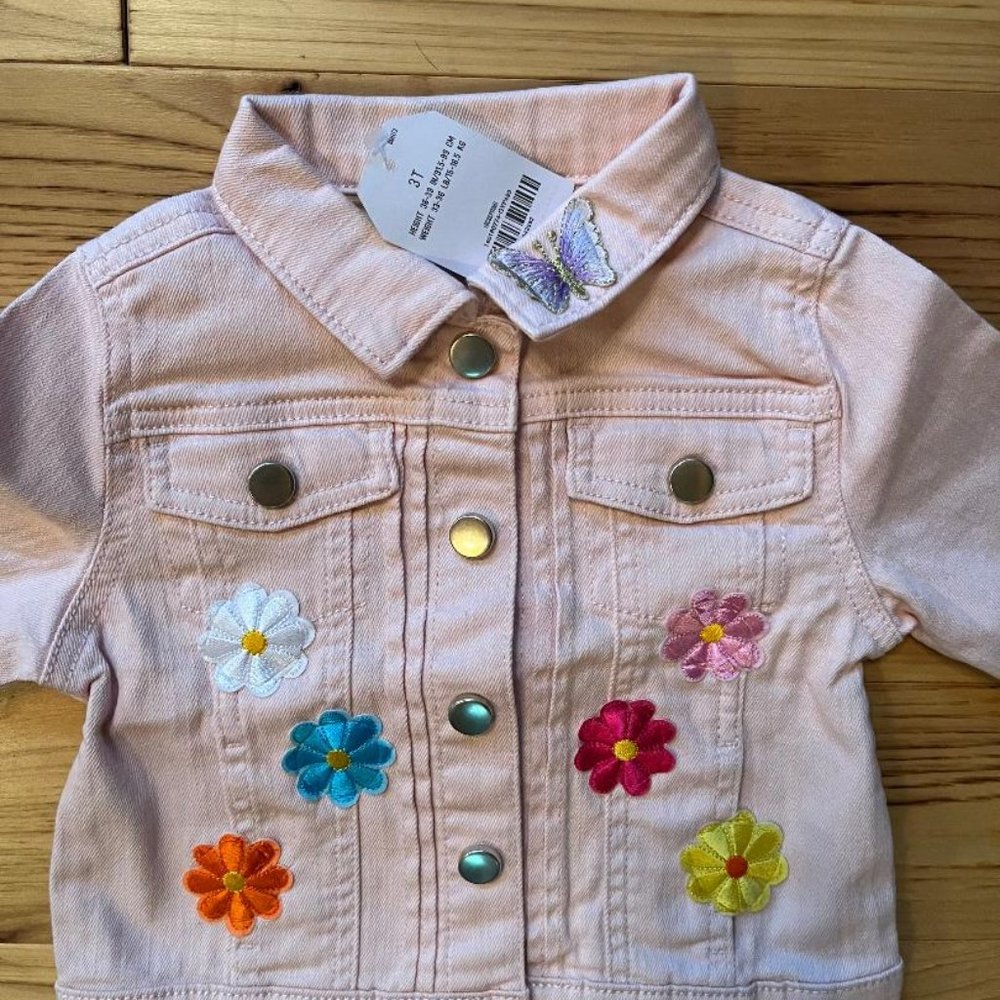 NWT Toddler Girls Pink Jean Jacket, 3 T, Flower Patches & Appliques